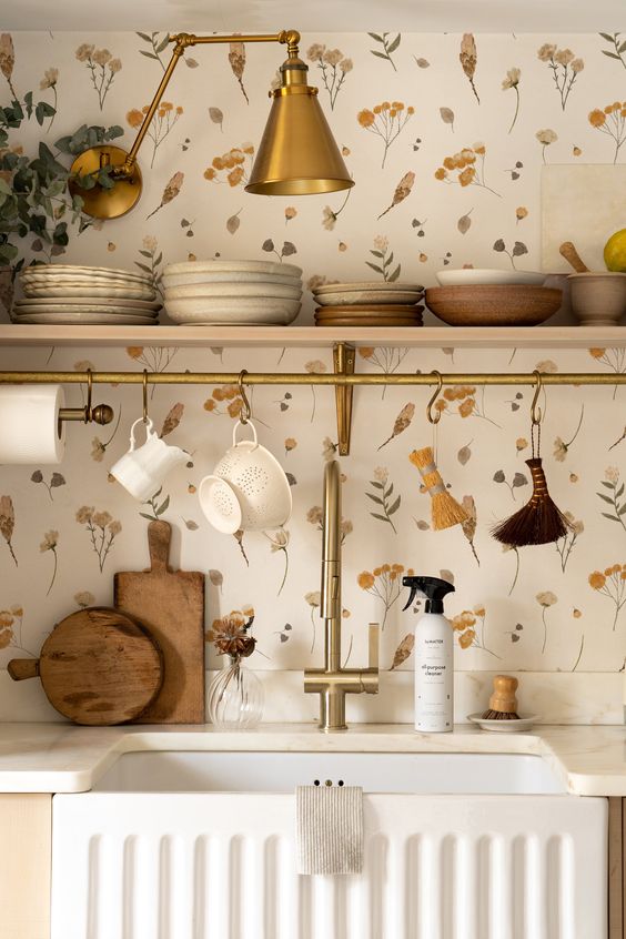 Muted maximalism kitchen wallpaper | Timberlea