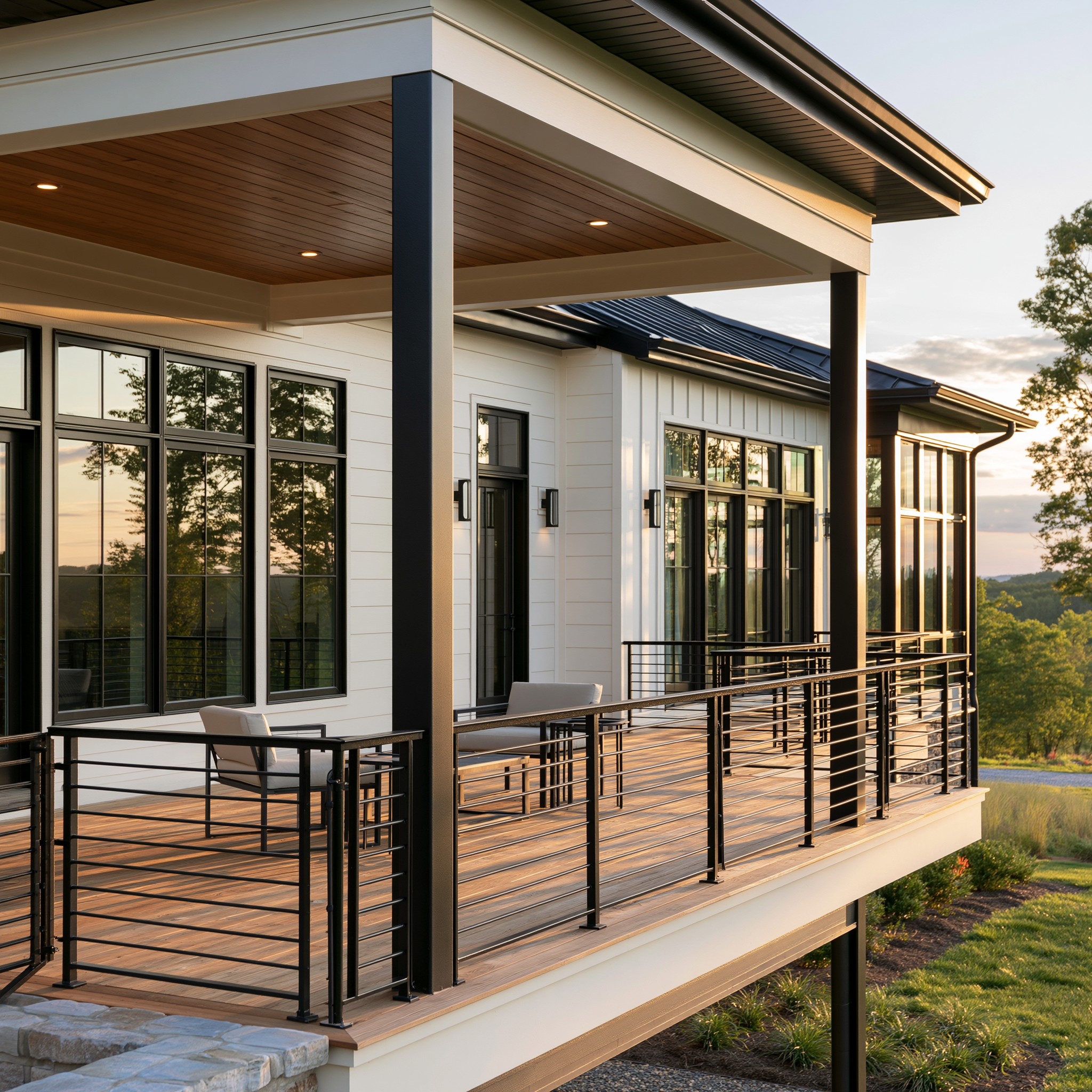 Modern wraparound porch in Virginia with black metal railings, wood decking, and black square columns at golden hour.