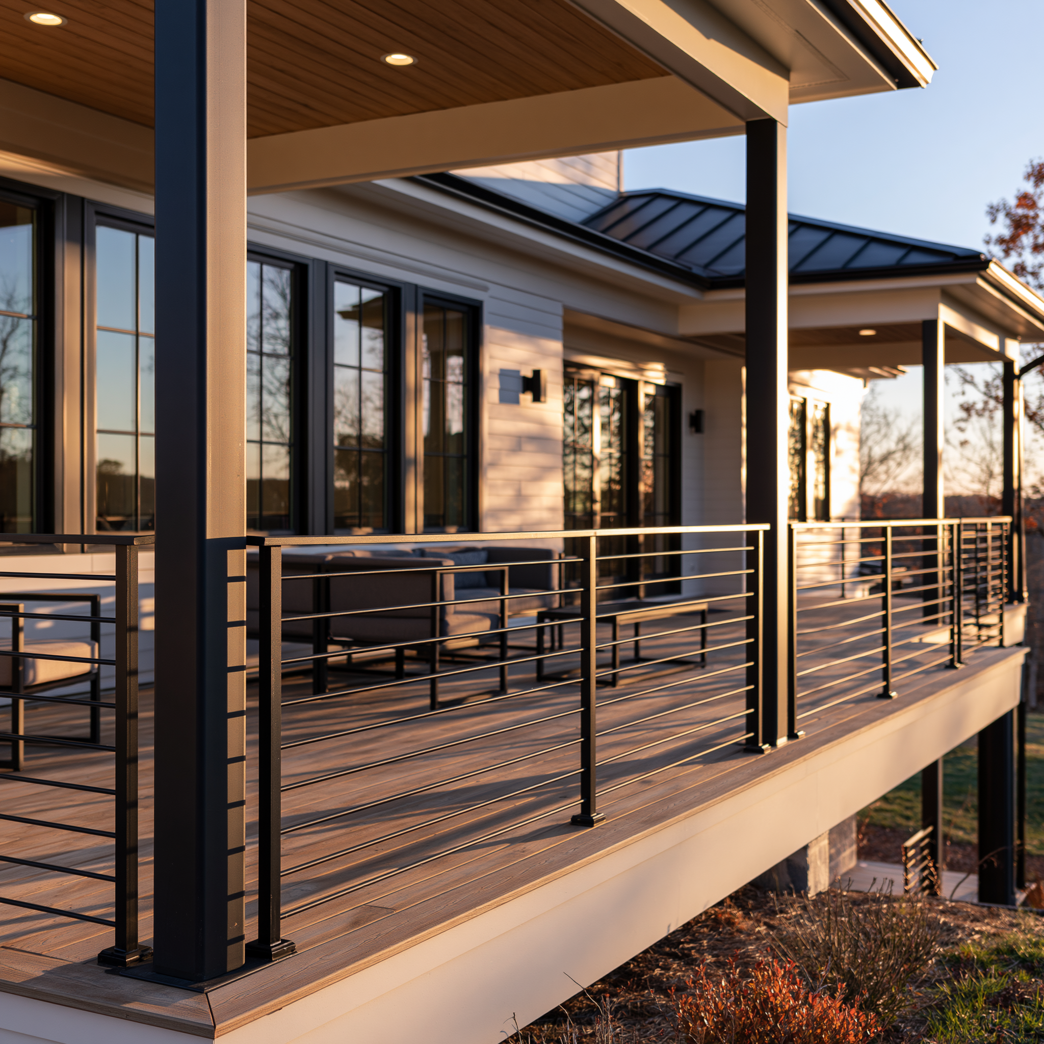 Modern wraparound porch outdoor living space in Virginia with black railings, wood ceiling, and lounge seating at sunset.