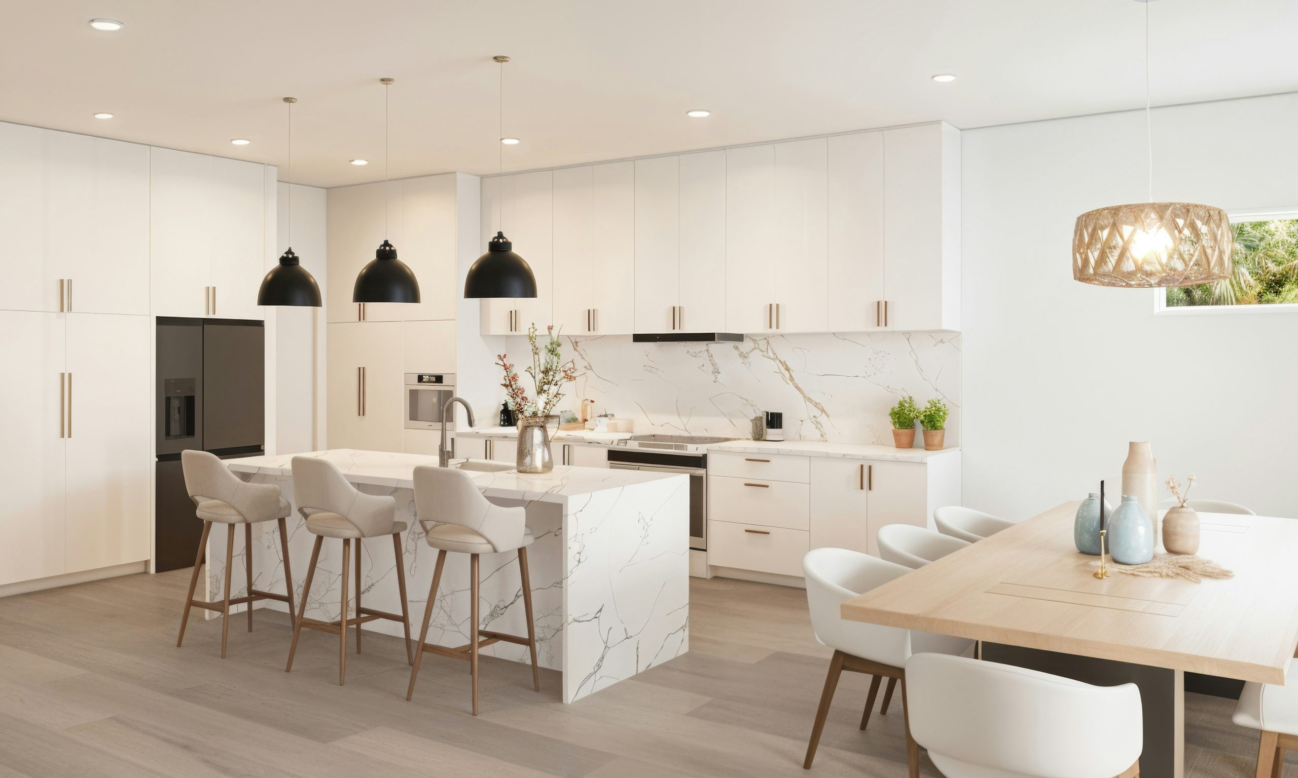 Open Concept Kitchen Ideas with bright white cabinets and a spacious island